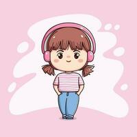 linda contento niña con auricular escuchando música kawaii chibi plano contorno dibujos animados personaje vector