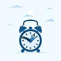 concept of tired or no motivation, wasted time, procrastination or slow life, lazy to work, low productivity or efficiency, self-discipline problem, lazy businessman sleeping in running time clock. vector