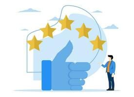 user experience or five star rating concept, young business owner with big thumbs up and 5 star rating, Best star rating, high quality product or good quality service, excellent customer feedback. vector