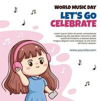 World music day instagram post cute happy girl kawaii chibi character with headphone social media template vector