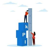 kpi concepto, llave actuación indicador medición a evaluar éxito o reunirse objetivos, métrica o datos a revisión y mejorar negocio concepto, hombre en pie en kpi caja medición actuación. vector