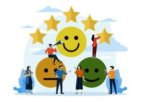 trabajo en equipo en cliente comentarios y reseñas, cliente realimentación sonrisas en contento triste emoji círculos clasificación en lugar de estrella emoticon icono, revisión clasificación, producto calidad vector ilustración
