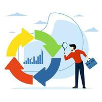 Estadísticas o datos análisis concepto, económico ciclo a estudiar valores mercado UPS y bajas, auge o recesión, negocio ciclo para marketing, empresario con aumentador vaso en económico ciclo diagrama. vector
