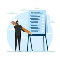 Action plan checklist step by step to advance and complete project, action steps to develop and complete work concept, entrepreneur standing at blackboard with action plan and checklist steps. vector
