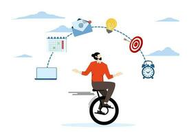 productivity and project management skills concept, Productive Master, multitasking work concept skilled businessman riding tricycle juggling elements, laptop, calendar, ideas and emails. vector