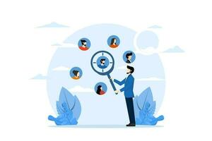 advertising focus group concept, customer centric marketing strategy to design products and services, UX user experience, entrepreneur with magnifying glass focus on customers, users or people. vector