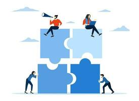 teamwork concept, Project team collaboration, teamwork, partnership or colleagues working together to solve problems and achieve success, businessmen colleagues working together on a jigsaw puzzle. vector