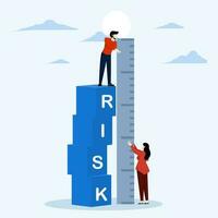 control or limit loss concept, risk assessment, analyze potential danger level, measure acceptable loss for investment, businessman investor standing on pile of risk boxes measuring his judgment vector