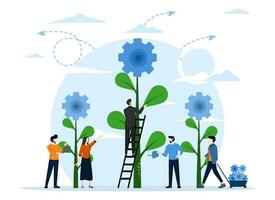 Flat vector illustration, team work to find new idea, little people start mechanism as plant, looking for new solution, creative work, cooperate in finding creative idea.