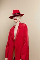 glamorous woman red lips fashion jacket cosmetics isolated background photo