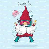 Hola verano dibujos animados linda gnomo es buceo alrededor Medusa. verano hora letras. vector