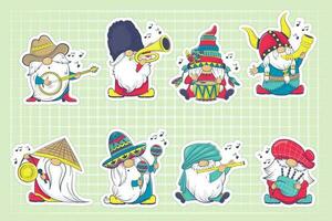 Bundle of stickers with Gnomes Playing Instruments from Diverse Cultures vector