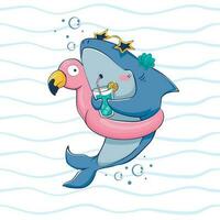 Cartoon funny shark drinks a summer cocktail in an inflatable circle in the form of a flamingo among the waves. vector