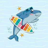 Cartoon funny shark is holding a surfboard among the waves. vector