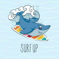 Cartoon funny shark is surfing among the waves. Postcard with the inscription surf up. vector