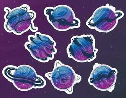 Print-ready sticker pack Fantastic alien planets, moons and moons, magical fantasy world, space objects in gradient colors with bubbles, rings for custom space game. vector