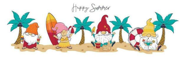 Horizontal long banner with cartoon gnomes on the beach. Happy summer. vector