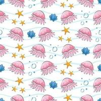 Seamless pattern with cartoon pink jellyfish, starfish, seashells among the waves and bubbles in a flat style vector