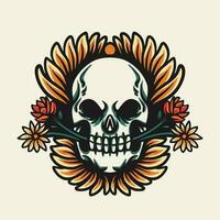 cráneo y flores tatuaje retro vector ilustración