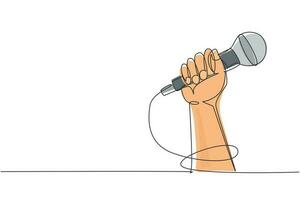 Single continuous line drawing microphone in hand, hand holding microphone in fist. Rock hand gesture holding microphone. Rock and roll music live. One line draw graphic design vector illustration