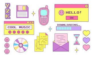 y2k trendy set of objects, old computer interface, retro pc elements, 1990s 2000s style, old phone, cd disk, pixel, heart, star, mail, nostalgia, vector illustration