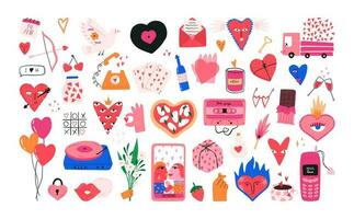 conjunto de mano dibujado San Valentín día peculiar elementos - dibujos animados plano vector ilustración aislado en blanco antecedentes. vistoso amor símbolos - corazones con gracioso caras, Pizza en forma de corazón, música cinta.