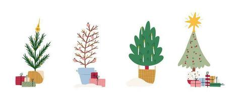 Set of cute hand drawn Christmas trees, flat vector illustration isolated on white background. Various trees in buckets and wicker baskets, decorated with ornaments and garlands. Pile of gift boxes.