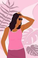 Abstract poster with a beautiful girl in glasses on a background of summer tropical leaves. Portrait of a woman in profile on vacation. Vector graphics.