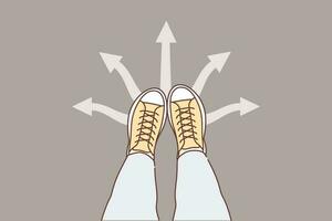 Legs man at crossroads near arrows pointing in different directions, symbolizing way to solve problems. Boots at crossroads requiring decision in face of uncertainty and existence of alternative plans vector