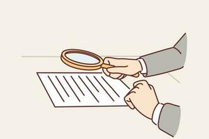 Lawyer hands with magnifying glass over contract for concept of checking documents for errors or examining tax reports. Lawyer reviews business contract looking for reason to go to court vector