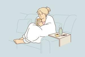 Woman sick with flu wrapped in blanket sits on couch and drinks hot decoction of herbs to get rid of infection. Unhappy girl is suffering from flu outbreak and is waiting for doctor to arrive. vector