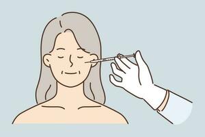 Face of elderly woman and syringe for cosmetic services and use of skin lifting or getting rid of wrinkles. Elderly lady is injected with injection of cosmetic product during rejuvenating procedure. vector