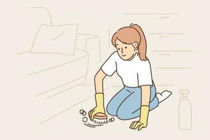 Woman cleans carpet using chemical detergent and brush to get rid of dust or stains. Casual girl housewife or maid in protective gloves is on knees cleaning carpet and cleaning apartment vector