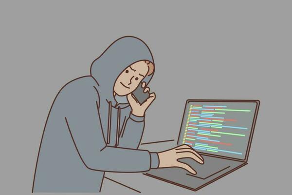 Man hacker with laptop and making phone call is engaged in telecom fraud and scamming money already. Guy hacker in hood commits internet crime by hacking server using social engineering or blackmail