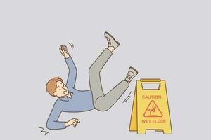 Man falls near warning sign with words caution wet floor due to negligence and inattention at moment of walking. Young guy slipped and got injured after careless move on wet floor. vector