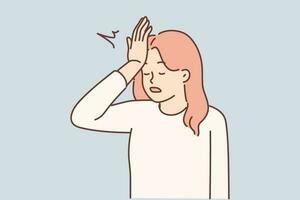 Woman makes gesture with facepalm putting palm to forehead, having learned about mistake made, which entails loss money. Girl demonstrates facepalm upset after bad news or quarrel with boyfriend vector