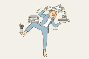 Businesswoman holding office supplies and falling over from overloading due to lot of work and lack of rest. Woman entrepreneur in formal suit suffering from overloading or strict deadlines vector