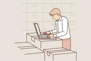 Man with laptop works in warehouse, standing near boxes, auditing availability of goods in storage. Guy storekeeper is engaged in fulfillment, making career as logistics warehouse supervisor vector