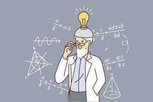 Elderly scientist stands near school blackboard with scientific formulas with invention countries on head. Gray-haired man doing science with light bulb symbolizing idea and new discoveries vector