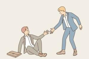 Business man extends hand to fallen partner to help colleague get up in difficult situation. Concept of assisting employees in need of help and care for staff of company or business partners vector