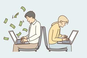 Man working with laptop makes money sitting near outsider woman who is experiencing financial difficulties. Concept of income disparity and gender discrimination affecting earning money vector