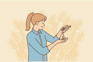 Woman agronomist inspects grains of soybean crop standing on agricultural plantation or farmland. Young girl agronomist near spikelets symbolizing cultivation of grain and cultivation of wheat vector