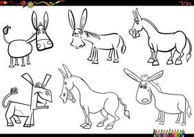 dibujos animados burros granja animal caracteres conjunto colorante página vector