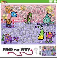 find the way maze game with cartoon fantasy creatures vector