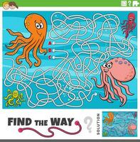 find the way maze game with cartoon octopus characters vector