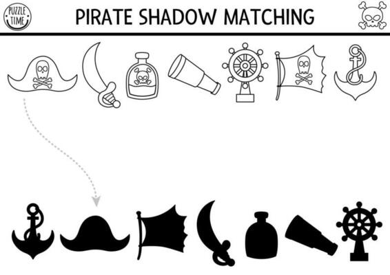Pirate black and white shadow matching activity. Treasure island hunt line puzzle with cute hat, sable, bottle, anchor, flag. Find correct silhouette worksheet. Sea adventures coloring page for kids