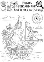 Vector black and white pirate searching game. Spot hidden rats in the picture. Simple treasure island seek and find activity for kids. Sea adventures treasure hunt coloring page. Find rats on ship