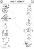 Pirate black and white matching activity with cute marine symbols. Treasure hunt puzzle with ship, chest, flag, island, bottle, anchor. Match the objects game. Sea adventures coloring page vector