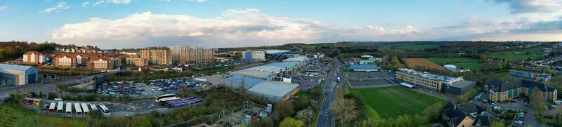 Ultra Wide Panoramic High Angle View of Luton City of England. Aerial View of Town was Captured on 17-April-2023 with Drone's Camera from Low Altitude. photo