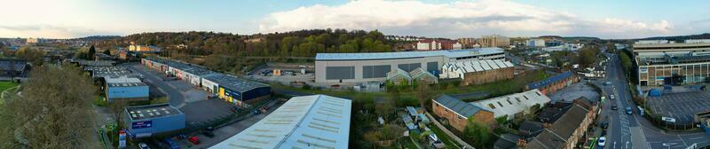 Ultra Wide Panoramic High Angle View of Luton City of England. Aerial View of Town was Captured on 17-April-2023 with Drone's Camera from Low Altitude. photo